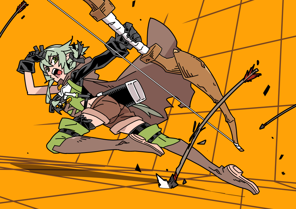 1girl arrow boots bow cape commentary_request elf gangure_(disemboweled) gloves goblin_slayer! green_eyes green_hair high_elf_archer_(goblin_slayer!) long_hair open_mouth pointy_ears shorts sidelocks solo thigh-highs