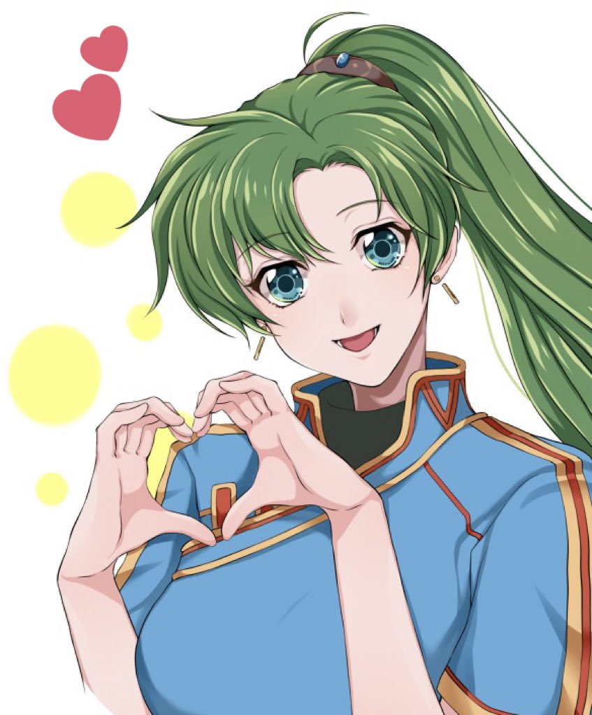 1girl :d blue_eyes earrings eyebrows_visible_through_hair fire_emblem fire_emblem:_rekka_no_ken green_hair hair_between_eyes hair_ornament head_tilt heart heart_hands high_ponytail jewelry long_hair looking_at_viewer lyndis_(fire_emblem) miku1201_fe nintendo open_mouth short_sleeves smile solo upper_body white_background