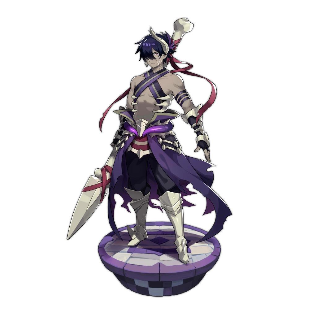 1boy armored_boots artist_request bone boots dragalia_lost expressionless gauntlets holding holding_weapon horn non-web_source official_art polearm spear transparent_background weapon zace