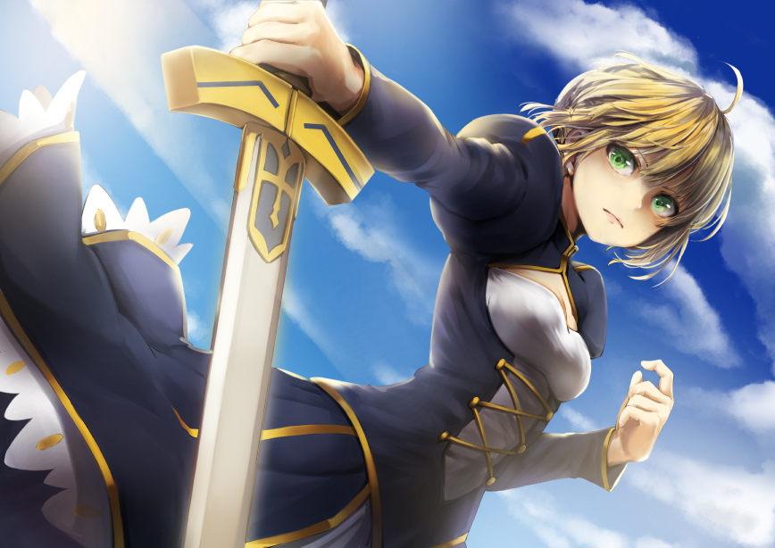 1girl ahoge artoria_pendragon_(all) bangs blonde_hair blue_dress blue_sky breasts closed_mouth clouds commentary cross-laced_clothes day dress dutch_angle excalibur eyebrows_visible_through_hair fate/stay_night fate_(series) funyariko green_eyes hair_between_eyes holding holding_sword holding_weapon juliet_sleeves long_sleeves looking_at_viewer outdoors puffy_sleeves revision saber sidelocks sky small_breasts solo sword weapon