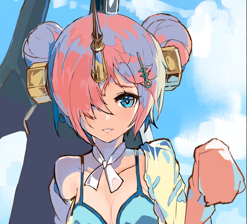 1girl andrian_gilang blue_bikini_top blue_eyes breasts choker cleavage clouds collarbone double_bun fate/grand_order fate_(series) frankenstein's_monster_(fate) frankenstein's_monster_(swimsuit_saber)_(fate) hair_ornament hair_over_one_eye horn looking_at_viewer open_clothes open_shirt outdoors parted_lips pink_hair ribbon ribbon_choker shirt short_hair sleeves_past_wrists small_breasts smile solo upper_body white_ribbon white_shirt