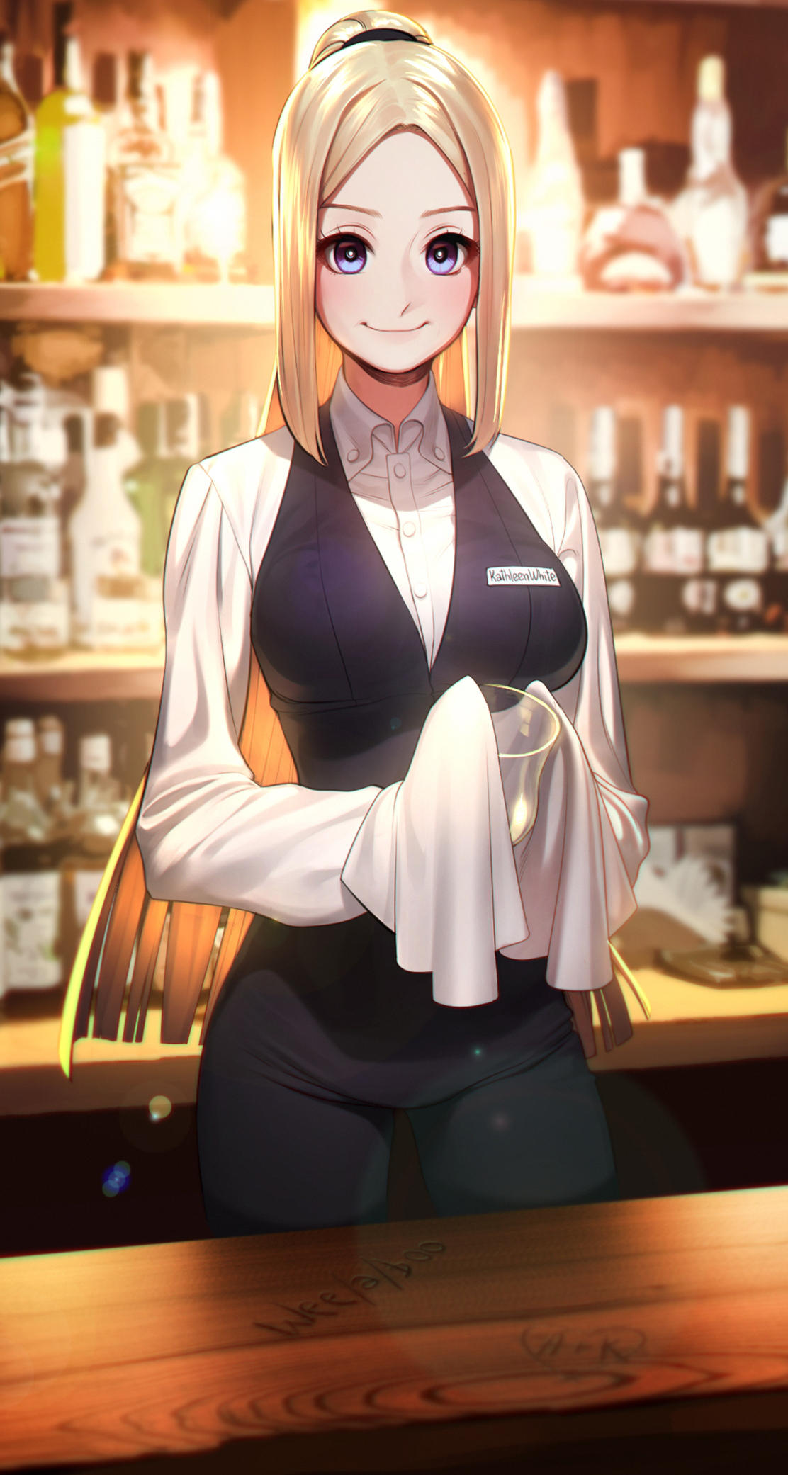 1girl aconitea bangs bar bartender black_pants black_vest blonde_hair blue_eyes bottle breasts character_name cloth counter cup dress_shirt drinking_glass highres long_hair long_sleeves looking_at_viewer medium_breasts name_tag original pants ponytail shirt smile solo very_long_hair vest white_shirt