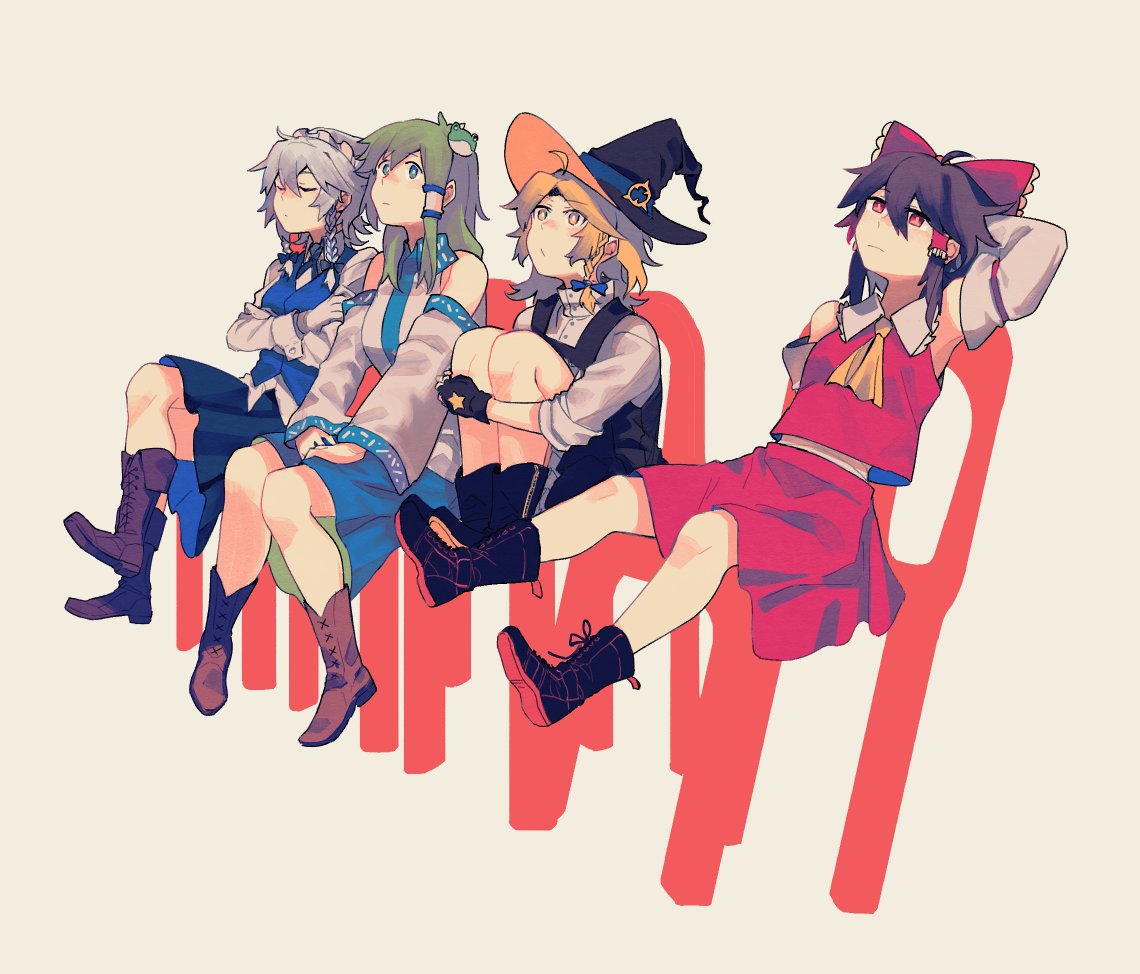 ascot bare_shoulders blue_bow blue_skirt boots bow braid closed_eyes collared_shirt cross-laced_footwear crossed_arms detached_sleeves frilled_shirt_collar frills frog_hair_ornament full_body gloves green_eyes grey_background hair_ornament hair_tubes hakurei_reimu hat izayoi_sakuya kirisame_marisa kochiya_sanae leg_hug legs_crossed long_hair maid_headdress multiple_girls reclining red_bow red_eyes red_shirt red_skirt shirt short_hair side_braid sidelocks simple_background skirt skirt_set sleeveless sleeveless_shirt star touhou turtleneck vento vest witch_hat yellow_eyes yellow_neckwear