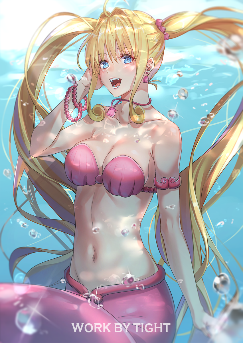 1girl air_bubble armlet blonde_hair blue_eyes bracelet breasts bubble cleavage earrings eyebrows_visible_through_hair jewelry large_breasts long_hair looking_at_viewer mermaid mermaid_melody_pichi_pichi_pitch monster_girl nanami_lucia necklace open_mouth shell shell_bikini solo strapless strapless_bikini tight_(ohmygod) twintails underwater watermark