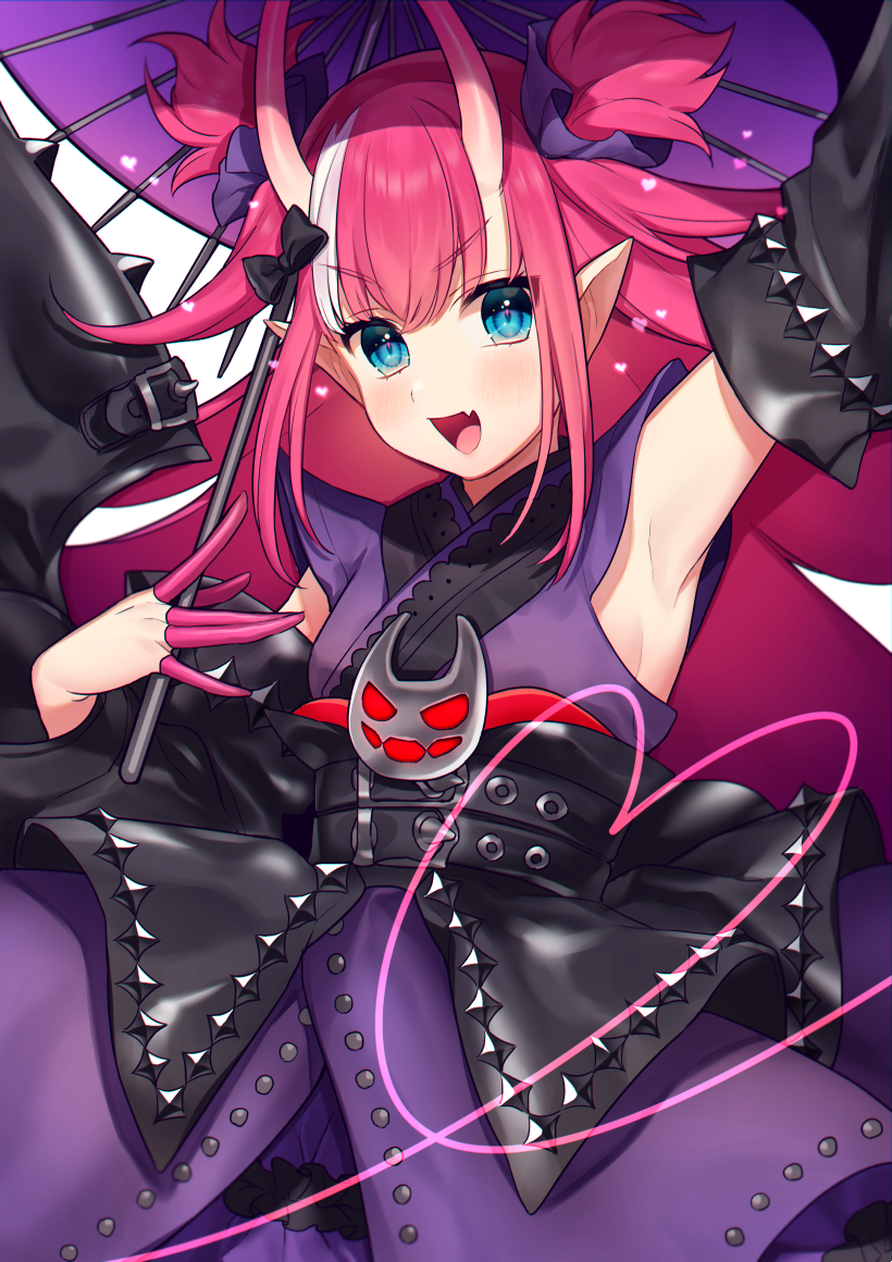 1girl :d arm_up armpits bangs black_bow black_sleeves blue_eyes blush bow breasts commentary detached_sleeves elizabeth_bathory_(fate) elizabeth_bathory_(fate)_(all) eyebrows_visible_through_hair fang fate/grand_order fate_(series) hair_between_eyes hair_bow hair_ribbon holding holding_umbrella horns japanese_clothes karokuchitose kimono long_hair long_sleeves multicolored_hair oni_horns open_mouth oriental_umbrella pink_hair pointy_ears purple_kimono purple_ribbon purple_umbrella ribbon sleeveless sleeveless_kimono small_breasts smile solo streaked_hair symbol_commentary two_side_up umbrella very_long_hair white_background white_hair