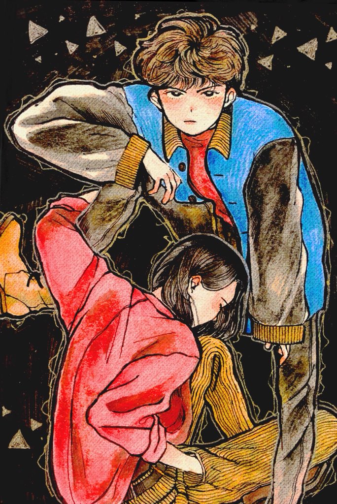 1boy 1girl arm_around_leg baggy_clothes belt black_background black_belt black_eyes black_pants black_sleeves blue_jacket boots brown_footwear brown_hair buttons closed_eyes closed_mouth collared_jacket commentary_request hand_in_pocket head_down jacket knee_up looking_at_viewer mofuko_(i_rtn) original pants raglan_sleeves red_shirt shirt single_boot sitting sleeves_past_wrists standing standing_on_one_leg striped striped_pants triangle vertical-striped_pants vertical_stripes yellow_pants