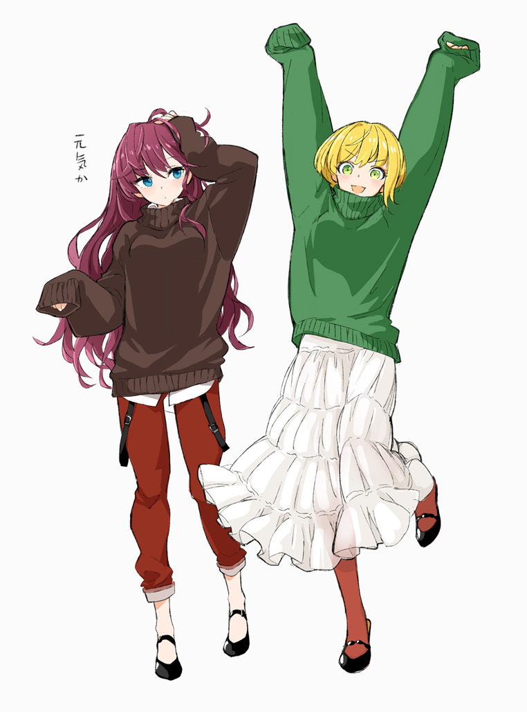 2girls ahoge arakawa_(aintnoroom) arm_up arms_up bangs black_footwear blonde_hair blue_eyes breasts brown_sweater closed_mouth comic eyebrows_visible_through_hair full_body green_eyes green_sweater hand_on_own_head ichinose_shiki idolmaster idolmaster_cinderella_girls long_hair long_skirt long_sleeves looking_at_viewer looking_to_the_side medium_breasts miyamoto_frederica multiple_girls pants purple_hair red_legwear red_pants shoes short_hair skirt sleeves_past_wrists standing standing_on_one_leg sweater translation_request turtleneck turtleneck_sweater v-shaped_eyebrows very_long_hair wavy_hair white_skirt