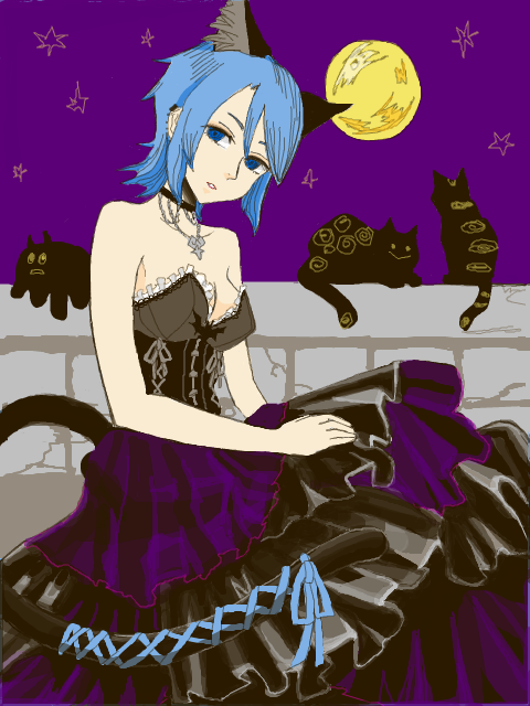 1girl animal_ears aqua_(kingdom_hearts) blue_eyes blue_hair breasts cat cat_ears cleavage dress halloween kingdom_hearts kingdom_hearts_birth_by_sleep moon short_hair solo