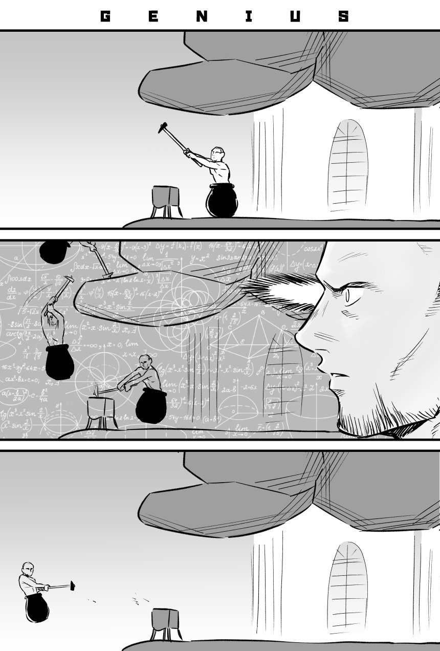 1boy bald comic diogenes_(getting_over_it) facial_hair failure getting_over_it highres math meis_(terameisu) meme monochrome pot sledgehammer solo trigonometry