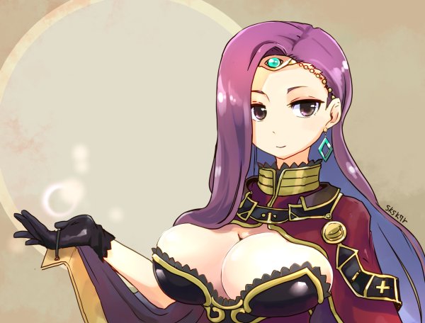 1girl artist_name black_gloves breasts cleavage closed_mouth earrings fire_emblem fire_emblem_echoes:_mou_hitori_no_eiyuuou gloves jewelry large_breasts long_hair nintendo purple_hair sksk7r smile solo sonia_(fire_emblem_gaiden) tiara violet_eyes