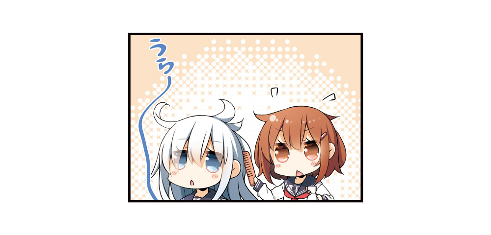 2girls blue_eyes brown_eyes brown_hair hair_between_eyes hibiki_(kantai_collection) ikazuchi_(kantai_collection) kantai_collection long_hair multiple_girls short_hair silver_hair yume_no_owari