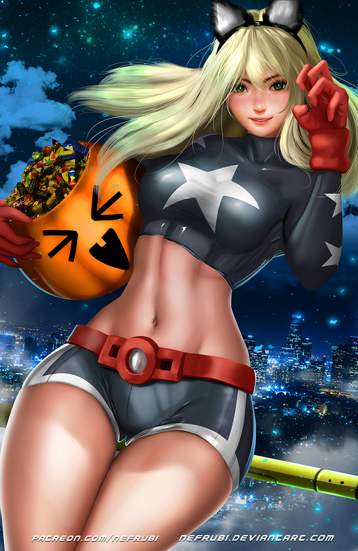 1girl animal_ears bangs belt blonde_hair breasts cat_ears city city_lights dc_comics dutch_angle fake_animal_ears green_eyes hair_between_eyes halloween halloween_basket large_breasts long_hair looking_at_viewer midriff navel nefrubi night parted_lips patreon_username paw_pose short_shorts shorts smile stargirl watermark web_address