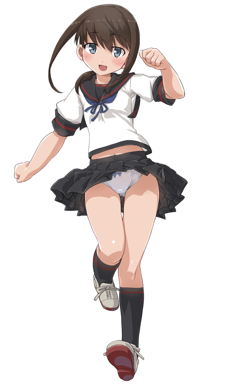 1girl anchor_symbol black_hair black_legwear black_sailor_collar black_skirt blue_neckwear dd_(ijigendd) fubuki_(kantai_collection) full_body grey_eyes highres kantai_collection kneehighs looking_at_viewer low_ponytail neckerchief panties pantyshot pleated_skirt ponytail remodel_(kantai_collection) running sailor_collar school_uniform short_ponytail sidelocks simple_background skirt solo underwear white_background white_panties