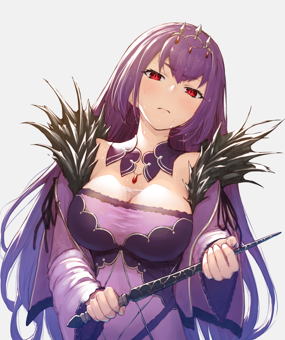 1girl bangs bare_shoulders breasts cleavage closed_mouth detached_collar dress fate/grand_order fate_(series) fur_trim hair_between_eyes jewelry large_breasts long_hair looking_at_viewer necklace pendant purple_dress purple_hair pyz_(cath_x_tech) red_eyes scathach_(fate)_(all) scathach_skadi_(fate/grand_order) simple_background solo tiara wand white_background