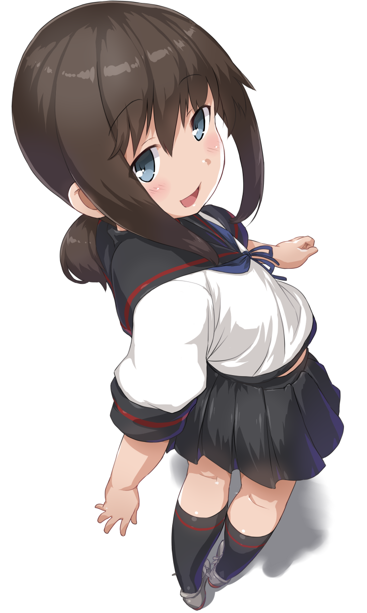 1girl :d blue_eyes brown_hair dd_(ijigendd) fubuki_(kantai_collection) highres kantai_collection kneehighs looking_at_viewer looking_back low_ponytail open_mouth pleated_skirt ponytail remodel_(kantai_collection) school_uniform serafuku short_ponytail sidelocks skirt smile solo