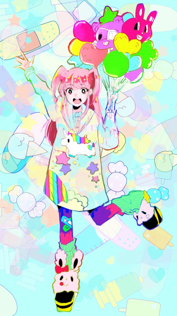 1girl balloon colorful commentary green_eyes long_hair multicolored multicolored_background nemoto_hina pink_hair raincoat smile two_side_up watashi_ga_motenai_no_wa_dou_kangaetemo_omaera_ga_warui! waving