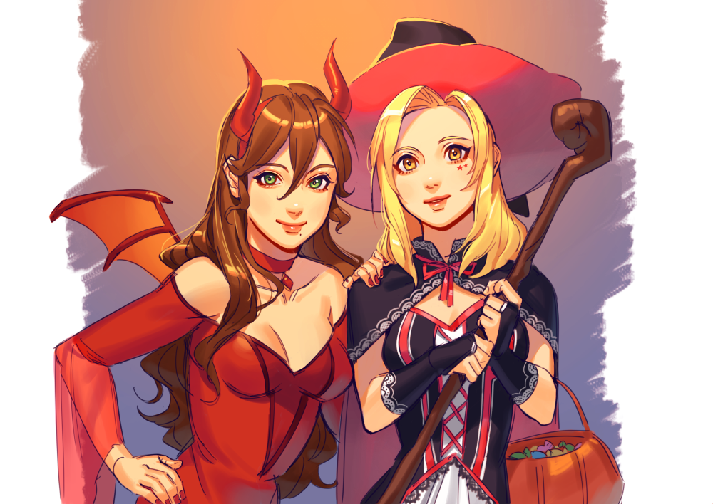 2girls blonde_hair broom brown_hair cape demon_girl demon_horns demon_tail demon_wings dress gloves halloween halloween_costume hat horns jewelry long_hair looking_at_viewer mella multiple_girls necklace octopath_traveler ophilia_(octopath_traveler) primrose_azelhart pumpkin simple_background smile staff tail wings witch witch_hat