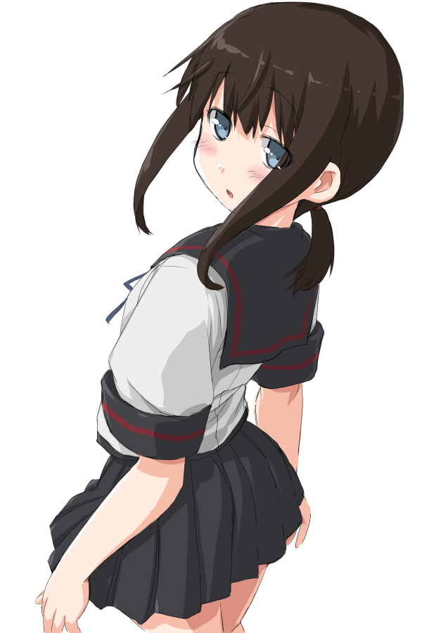 1girl black_hair black_sailor_collar black_skirt blue_eyes cowboy_shot dd_(ijigendd) from_behind fubuki_(kantai_collection) kantai_collection looking_at_viewer looking_back low_ponytail pleated_skirt ponytail remodel_(kantai_collection) sailor_collar school_uniform serafuku short_ponytail sidelocks simple_background skirt solo white_background