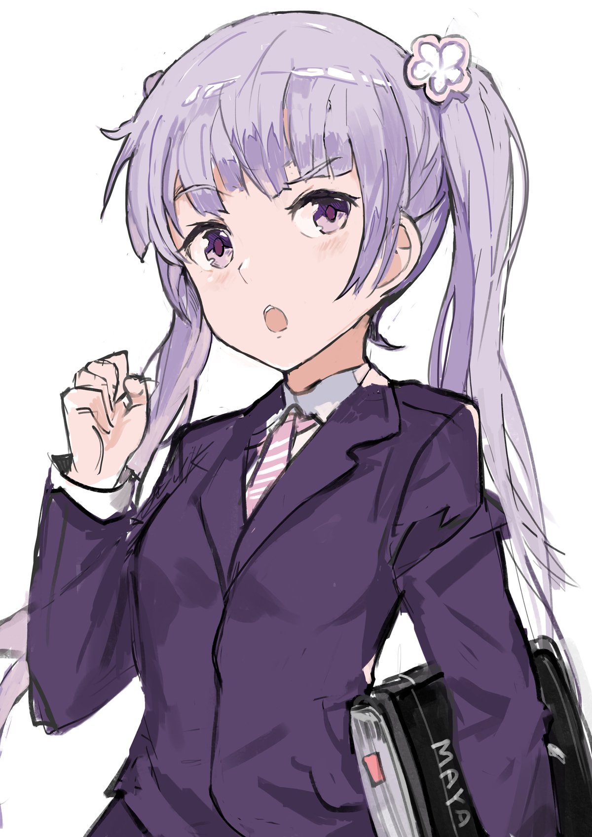 1girl andrian_gilang eyebrows_visible_through_hair flower hair_flower hair_ornament highres holding long_hair looking_at_viewer necktie new_game! open_mouth purple_blazer purple_hair shiny shiny_hair simple_background sketch solo striped suzukaze_aoba twintails uniform violet_eyes white_background