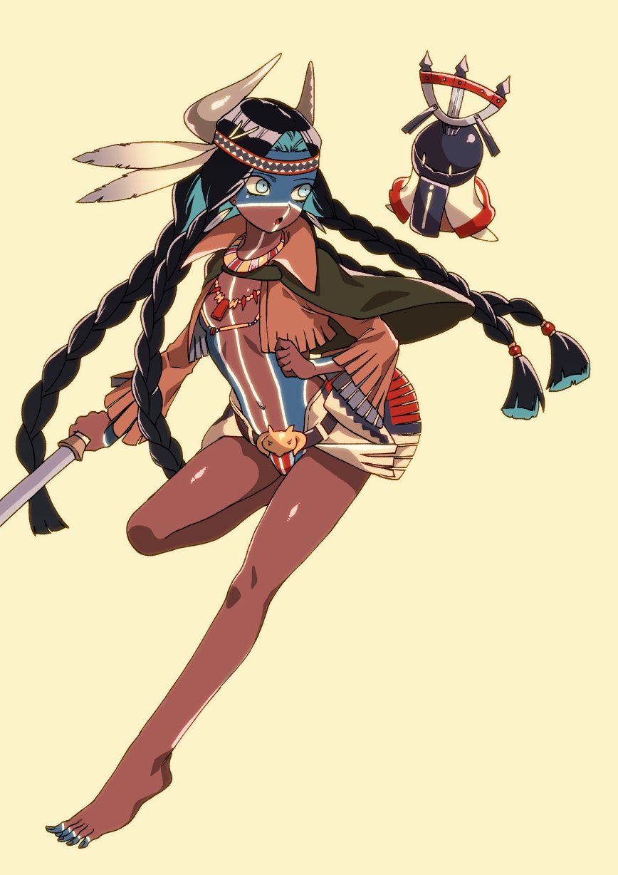 1girl bare_shoulders barefoot belt black_hair blue_eyes blue_nails bodypaint braid breasts clenched_hand dark_skin fate/grand_order fate_(series) genderswap genderswap_(mtf) geronimo_(fate/grand_order) headdress highres holding holding_weapon kbtmsboy long_hair nail_polish native_american navel open_mouth simple_background small_breasts very_long_hair weapon yellow_background