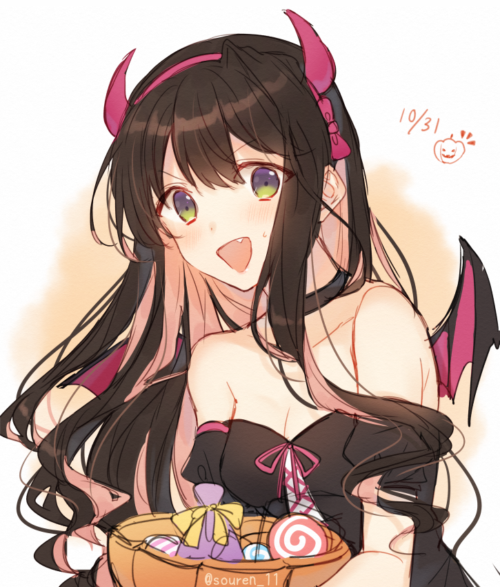 bare_shoulders bat_wings black_hair breasts candy choker cleavage commentary dated ears fake_horns fang food green_eyes hairband halloween halloween_costume hiiragi_souren jack-o'-lantern kantai_collection leotard long_hair looking_at_viewer messy_hair multicolored multicolored_eyes multicolored_hair naganami_(kantai_collection) open_mouth pink_hair pink_hairband pink_ribbon ribbon simple_background sweatdrop twitter_username violet_eyes wings