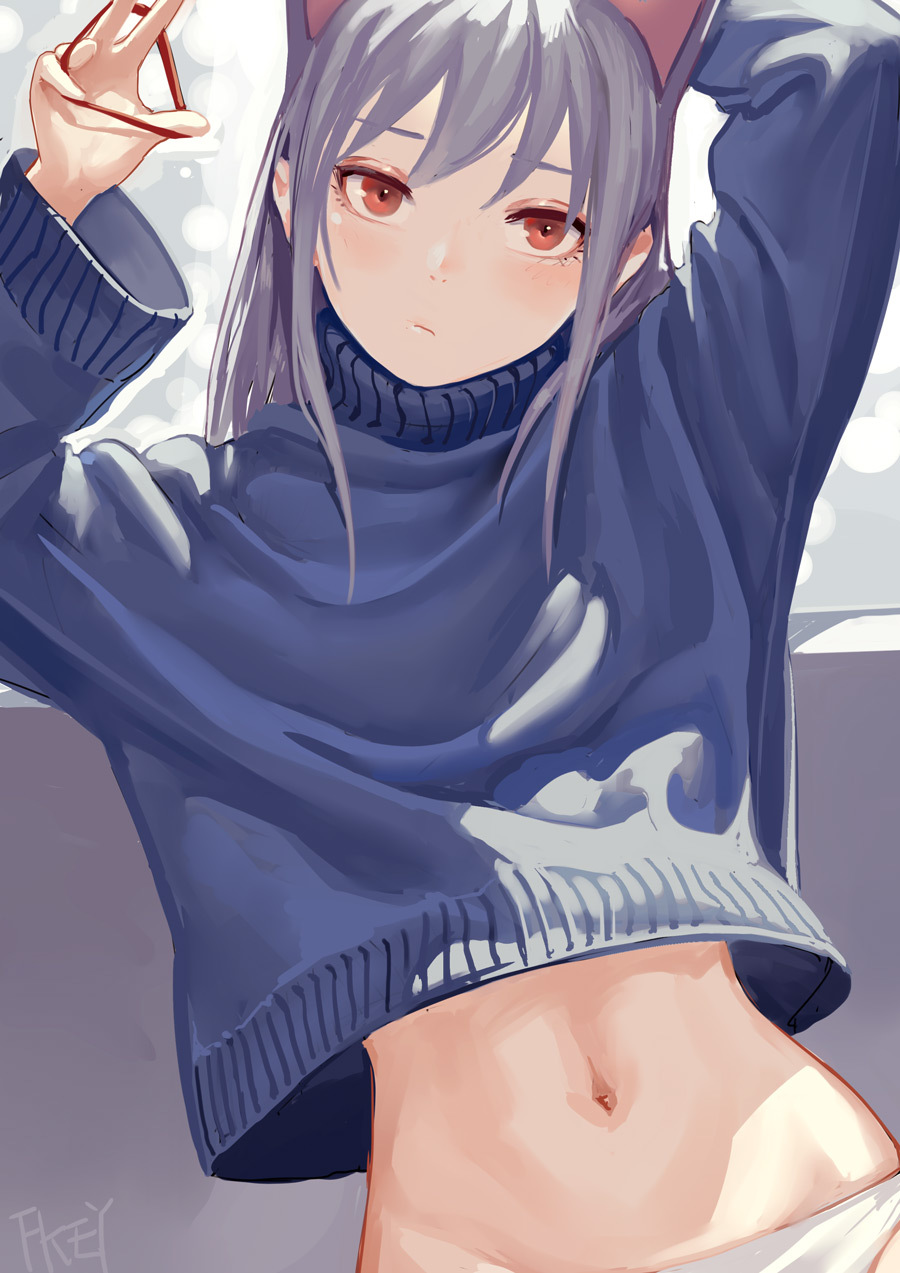 1girl animal_ears arms_up artist_name bangs blue_sweater blush cat_ears cowboy_shot fkey groin hair_tie head_tilt highres holding long_hair long_sleeves looking_at_viewer midriff navel no_pants original panties red_eyes sidelocks signature silver_hair solo stomach sweater turtleneck underwear white_panties wide_sleeves