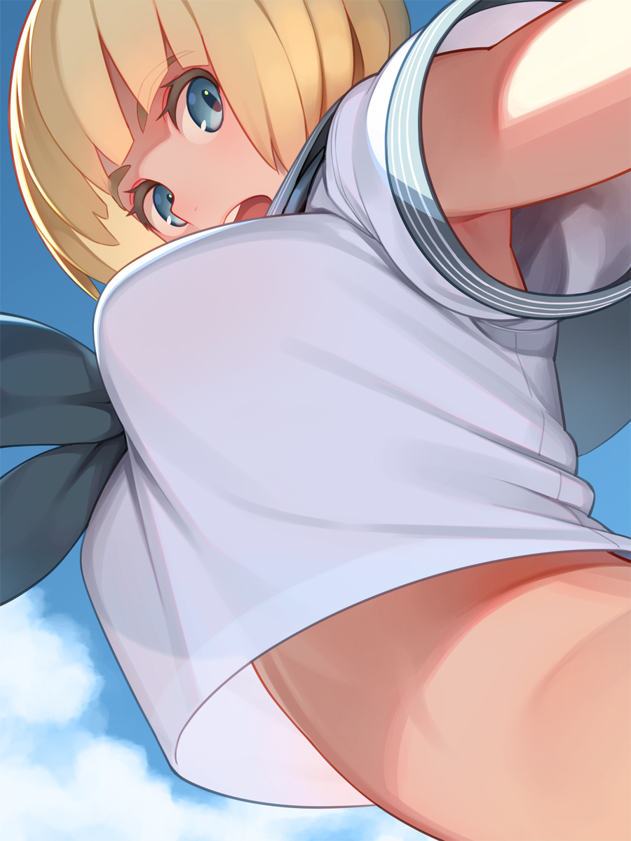 1girl armpit_peek bangs blonde_hair blue_eyes blue_sky blunt_bangs breasts clouds cloudy_sky commentary_request day eyebrows_visible_through_hair from_below go_robots highres large_breasts looking_at_viewer midriff neckerchief open_mouth original outdoors school_uniform serafuku short_hair short_sleeves sky solo