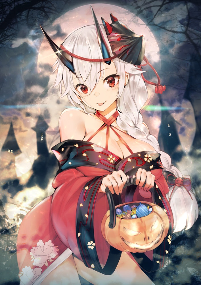 1girl :p bangs bare_shoulders basket black_bow blush bow braid breasts candy castle cleavage contrapposto cowboy_shot eyebrows_visible_through_hair fate/grand_order fate_(series) food food_themed_hair_ornament fox_mask full_moon hair_between_eyes hair_bow hair_ornament halloween halterneck head_tilt holding holding_basket jack-o'-lantern japanese_clothes kimono large_breasts long_hair long_sleeves looking_at_viewer mask mask_on_head moon night off_shoulder oni_horns outdoors pumpkin pumpkin_hair_ornament red_kimono single_braid smile solo teddy_(khanshin) tomoe_gozen_(fate/grand_order) tongue tongue_out wide_sleeves