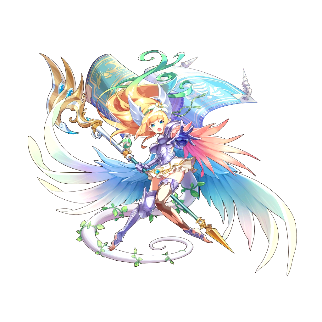 1girl armor armored_dress artist_request blonde_hair dragalia_lost gradient_hair holding holding_weapon jeanne_d'arc_(dragalia_lost) long_hair multicolored_hair non-web_source official_art plant skirt standard_bearer tail torn_clothes torn_legwear transparent_background vines weapon wings