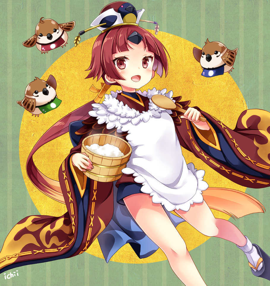 1girl :d animal apron benienma_(fate/grand_order) bird black_footwear blue_shorts blush brown_hat brown_kimono commentary_request fate/grand_order fate_(series) hat holding holding_spoon japanese_clothes kimono kubyou_azami long_hair long_sleeves low_ponytail open_mouth platform_footwear ponytail red_eyes redhead rice short_shorts shorts smile socks solo spoon tabi very_long_hair white_apron white_legwear wide_sleeves wooden_spoon zouri