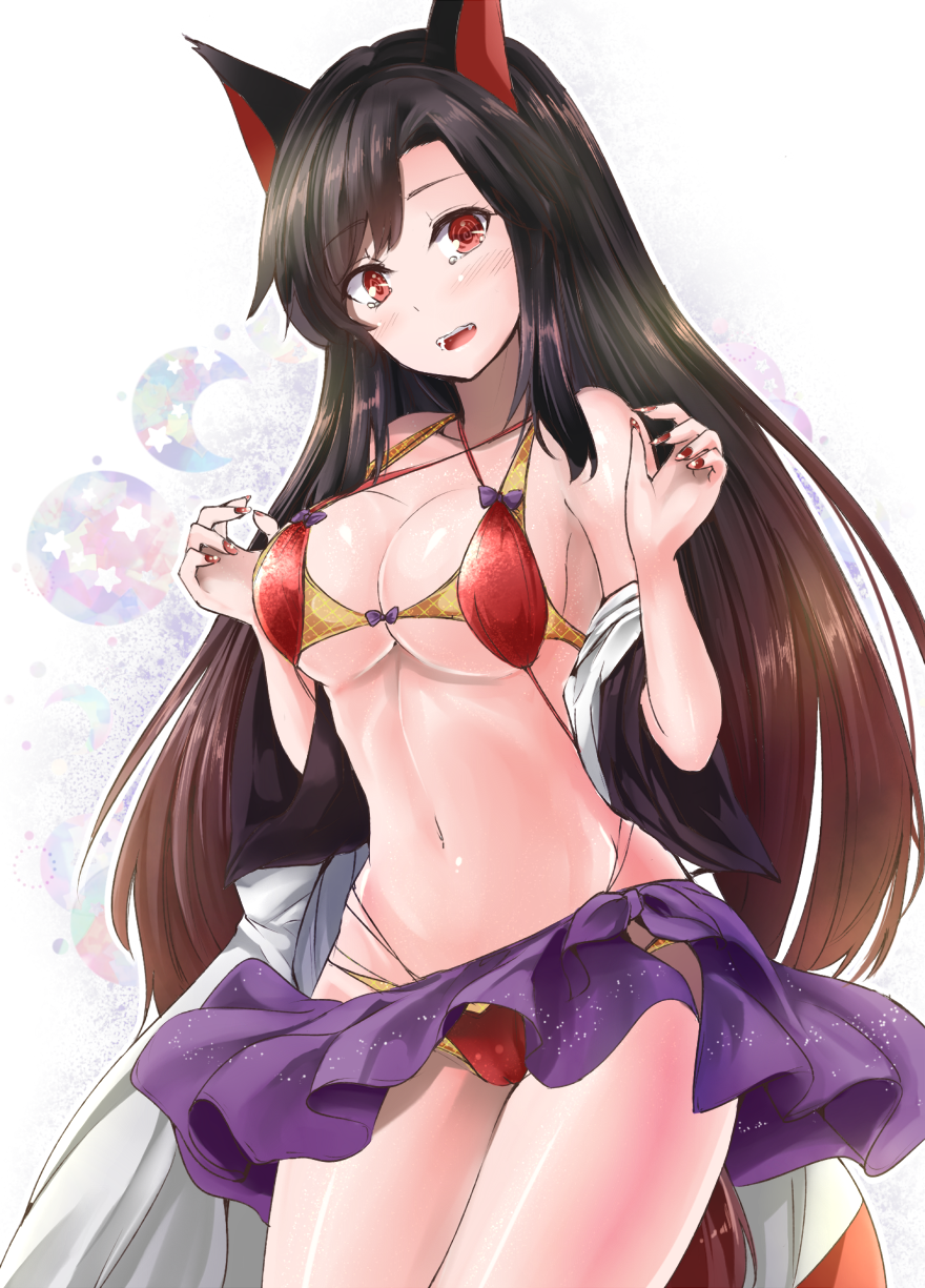 1girl bangs bare_shoulders bikini blush breasts brown_hair cleavage cowboy_shot eyebrows_visible_through_hair hands_up highleg highleg_bikini highres imaizumi_kagerou large_breasts long_hair looking_at_viewer nail_polish navel red_bikini red_eyes red_nails sarong shiny shiny_hair solo stomach swept_bangs swimsuit tears touhou under_boob white_background wide_hips y2