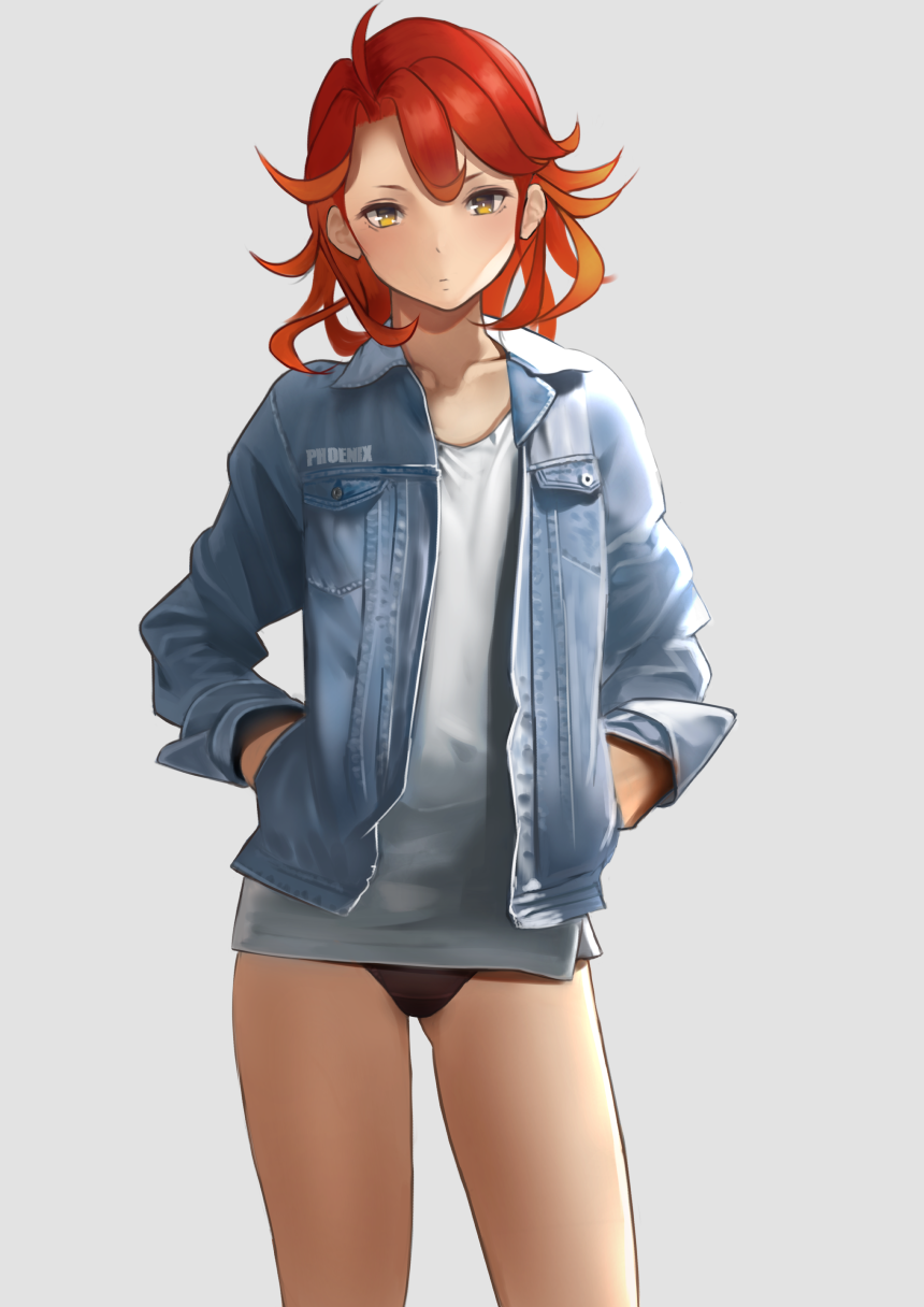 1girl ace34941531 azur_lane black_panties bottomless collarbone commentary contrapposto cowboy_shot denim denim_jacket grey_background hands_in_pockets head_tilt highres looking_at_viewer medium_hair panties phoenix_(azur_lane) redhead shirt simple_background solo t-shirt underwear yellow_eyes