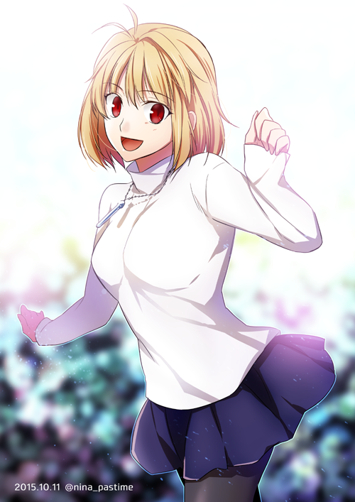 1girl 2015 :d antenna_hair arcueid_brunestud black_legwear blonde_hair blue_skirt blurry blurry_background dated eyebrows_visible_through_hair hair_between_eyes jewelry miniskirt necklace nina_(pastime) open_mouth pantyhose pleated_skirt red_eyes short_hair skirt smile solo sweater tsukihime twitter_username white_sweater