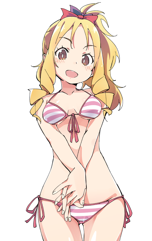 1girl ass_visible_through_thighs bikini blonde_hair bow breasts brown_eyes cowboy_shot drill_hair eromanga_sensei front-tie_top hands_clasped ixy looking_at_viewer open_mouth own_hands_together pink_bikini pink_bow ponytail ringlets side-tie_bikini simple_background small_breasts smile solo standing striped striped_bikini swimsuit thigh_gap twin_drills white_background yamada_elf