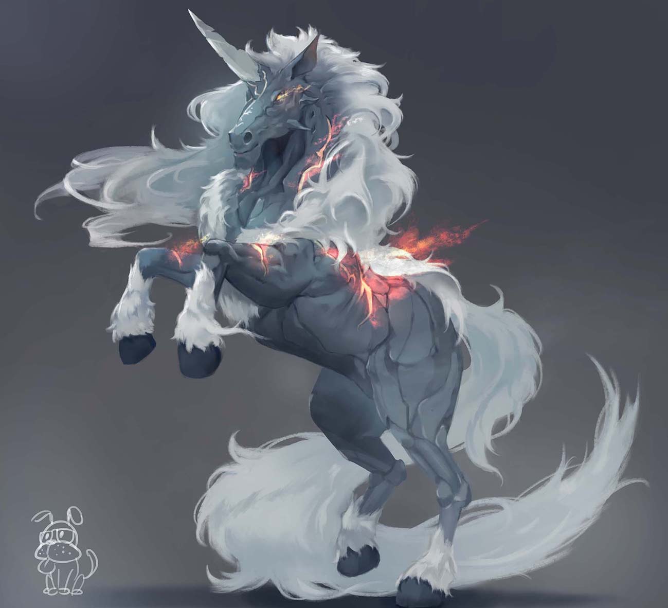 animal burning_eyes dog grey_background horse mengshou_hanji monster_hunter no_humans simple_background unicorn yellow_eyes youkai