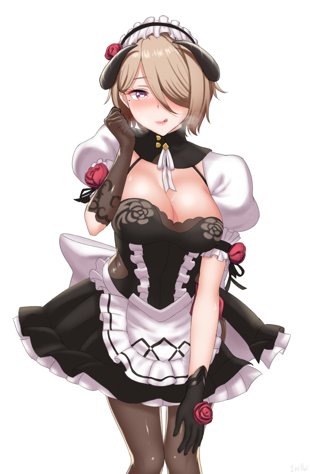 1girl 1nilla' apron benghuai_xueyuan black_dress black_gloves black_legwear blush breasts breath brown_eyes brown_hair cleavage dress flower frills gloves hair_flower hair_ornament hair_over_one_eye halter_dress hand_on_own_knee heart heart-shaped_pupils highres hip_vent honkai_impact horns large_breasts licking_lips lips looking_at_viewer maid maid_headdress mole mole_under_eye naughty_face nose_blush pantyhose pink_lips puffy_short_sleeves puffy_sleeves red_flower red_rose ribbon rita_rossweisse rose short_sleeves simple_background solo symbol-shaped_pupils tongue tongue_out waist_apron white_background white_ribbon