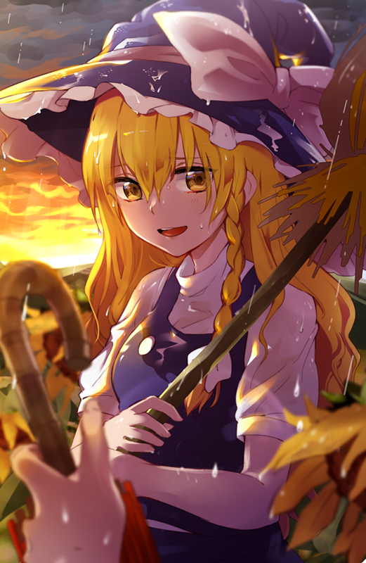 1girl bangs black_hat black_vest blonde_hair blurry bow braid broom buttons clouds cloudy_sky depth_of_field flower hair_between_eyes hair_bow hat hat_bow holding holding_broom kirisame_marisa konomoto_(konomoto) long_hair looking_at_viewer open_mouth outdoors shirt side_braid sky smile solo_focus sunflower sunset touhou umbrella upper_body vest wavy_hair wet wet_clothes white_bow white_hat white_shirt witch_hat yellow_eyes