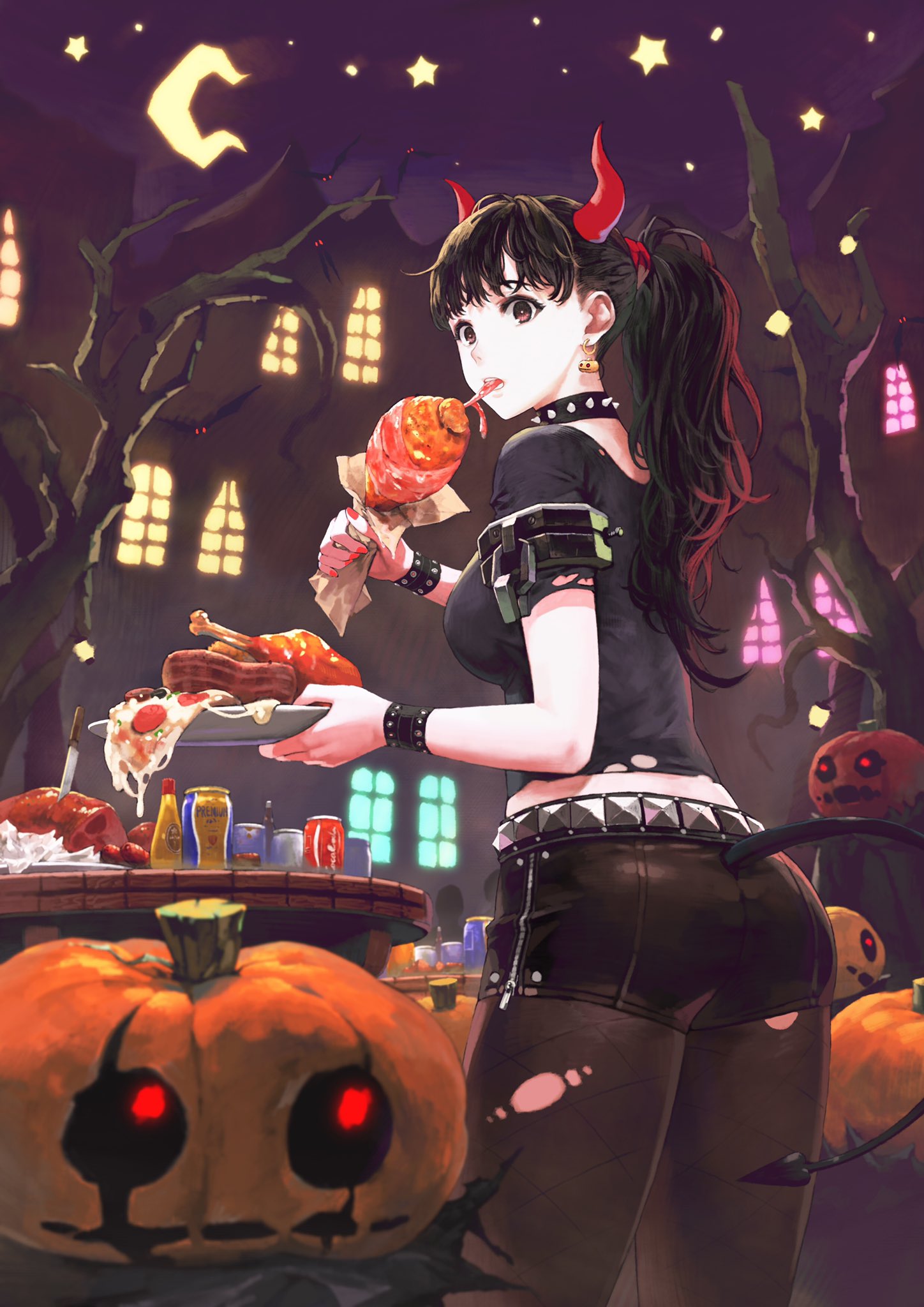 1girl alcohol ass bangs beer beer_can belt black_hair black_legwear black_shirt black_shorts bracelet breasts brown_eyes building can cola collar commentary_request cowboy_shot crescent_moon demon_tail earrings eating food from_behind hair_ribbon halloween highres holding holding_food horns jack-o'-lantern jack-o'-lantern_earrings jewelry jun_(seojh1029) kitchen_knife lantern long_hair looking_at_viewer looking_back meat medium_breasts moon night night_sky open_mouth outdoors pantyhose pizza ponytail pumpkin ribbon shirt short_sleeves shorts sky soda_can solo spiked_collar spikes standing star_(sky) t-shirt table tail teeth torn_clothes torn_legwear tree