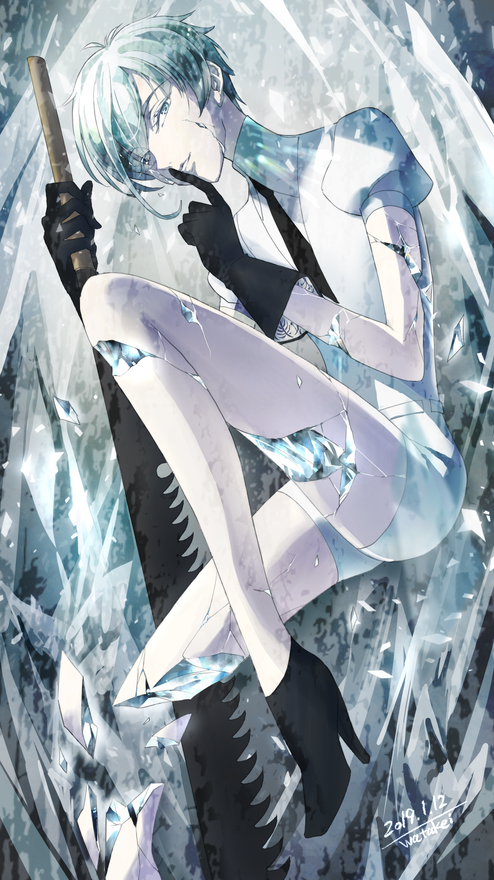 1other androgynous antarcticite blue_eyes boots colored_eyelashes crack cracked eyebrows_visible_through_hair eyes_visible_through_hair finger_to_mouth gem gem_uniform_(houseki_no_kuni) gloves high_heel_boots high_heels highres houseki_no_kuni looking_at_viewer missing_limb necktie saw shards short_hair silver_hair smile solo sword watakei_(16161717) weapon white_hair