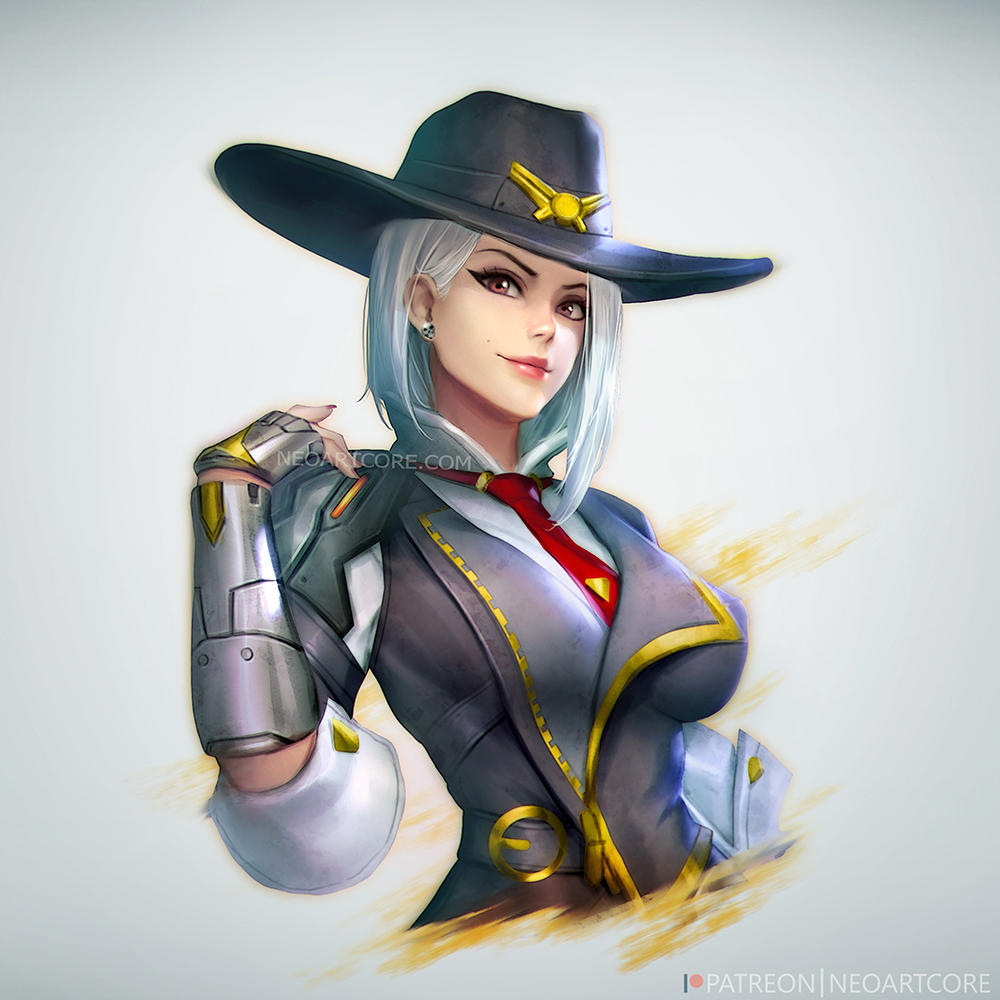 ashe_(overwatch) breasts brown_eyes cowboy_hat earrings fingerless_gloves gloves grey_background hat jewelry lipstick long_hair looking_at_viewer makeup medium_breasts mole necktie nudtawut_thongmai overwatch silver_hair simple_background smile