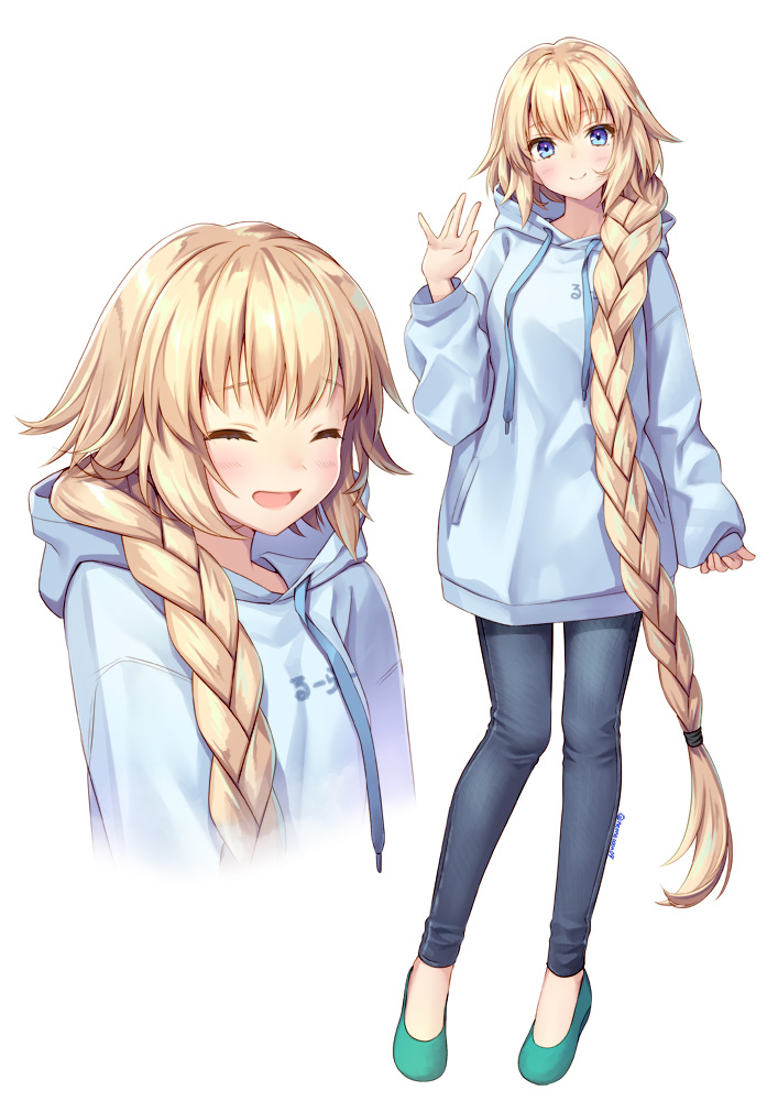 1girl bangs blonde_hair blue_eyes blush braid closed_eyes closed_mouth contemporary denim fate/grand_order fate_(series) full_body jeanne_d'arc_(fate) jeanne_d'arc_(fate)_(all) jeans long_braid long_hair multiple_views ne-on open_mouth pants single_braid smile very_long_hair waving white_background