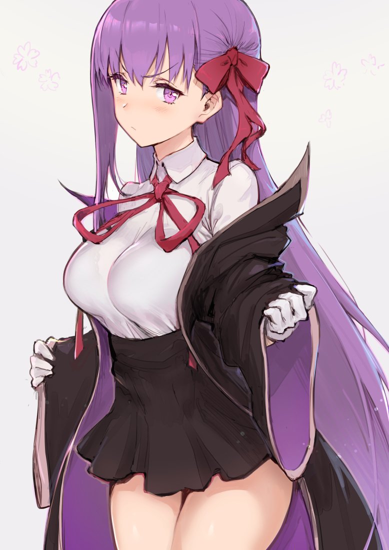 1girl bangs bb_(fate)_(all) bb_(fate/extra_ccc) black_coat black_skirt blush breasts closed_mouth coat dress_shirt fate/extra fate/extra_ccc fate_(series) gloves grey_background hair_ribbon haoni high-waist_skirt hips large_breasts long_hair looking_at_viewer neck_ribbon off_shoulder open_clothes open_coat purple_hair red_ribbon ribbon shirt simple_background skirt solo thighs very_long_hair violet_eyes white_gloves wide_sleeves