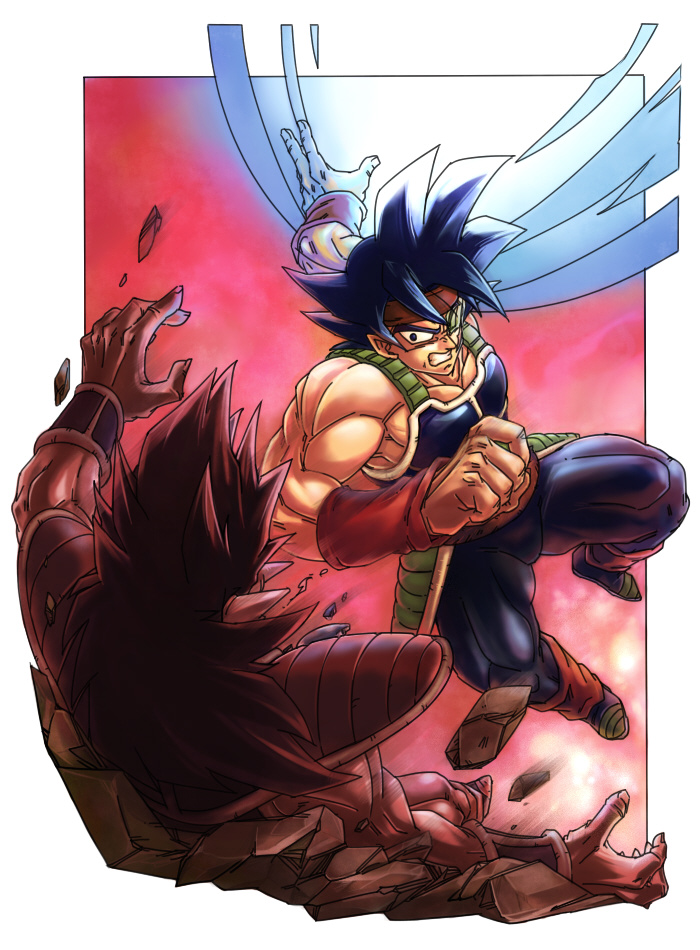 1boy armor attack bandanna bardock black_eyes black_hair clenched_teeth dragon_ball energy_ball facing_away fighting fighting_stance floating gradient gradient_background long_hair male_focus outside_border red_background red_bandana rock scouter short_hair simple_background spiky_hair teeth white_background wristband