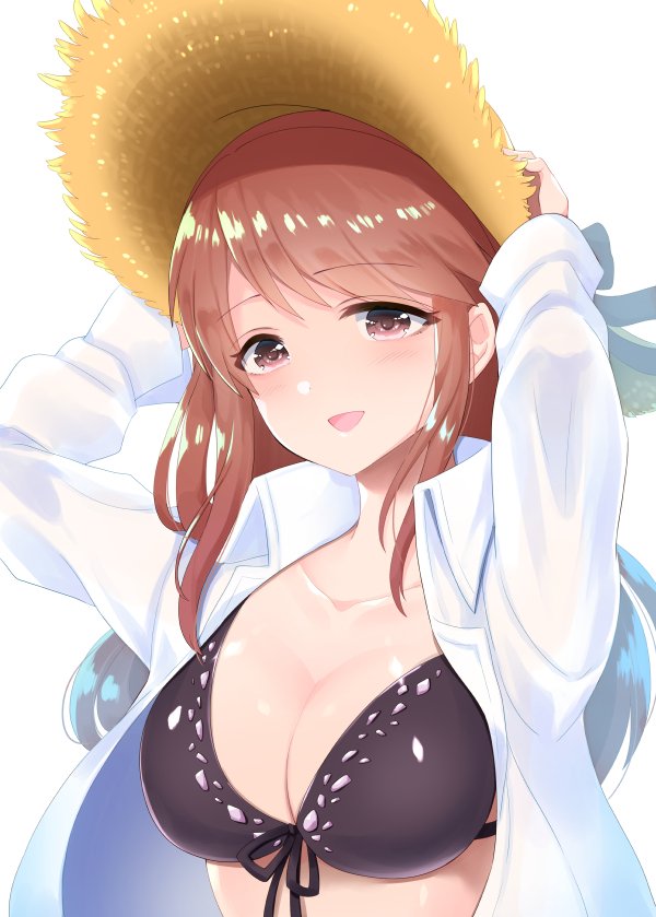 1girl :d arms_up bangs black_bikini_top blue_hair breasts brown_eyes brown_hair character_request cleavage collarbone dress_shirt front-tie_bikini front-tie_top hat large_breasts long_hair multicolored_hair ohlala open_clothes open_mouth open_shirt shiny shiny_hair shirt simple_background smile solo straw_hat sun_hat swept_bangs two-tone_hair upper_body white_background white_shirt yellow_hat