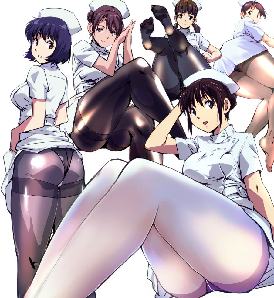 5girls arms_up ass bangs black_legwear blue_hair breasts brown_eyes brown_hair commentary_request cropped_legs double-breasted eyebrows_visible_through_hair hat invisible_chair knee_up knees_up legs long_hair looking_at_viewer medium_breasts multiple_girls nurse nurse_cap original pantyhose short_hair short_sleeves simple_background sitting smile standing thick_thighs thighband_pantyhose thighs white_background white_hat white_legwear yuya