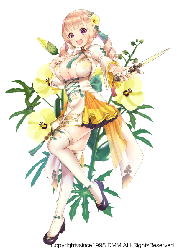 1girl :d back_bow bangs black_footwear blonde_hair blunt_bangs bow breasts cleavage company_name corset dagger drill_hair flower flower_knight_girl full_body green_bow hair_flower hair_ornament hanaokura_(flower_knight_girl) holding holding_dagger holding_weapon large_breasts left-handed long_hair looking_at_viewer object_namesake official_art open_mouth pico_(p_i_c_o) pink_eyes shoes simple_background skirt smile solo standing standing_on_one_leg tassel thigh-highs twin_drills weapon white_background white_legwear yellow_skirt zettai_ryouiki