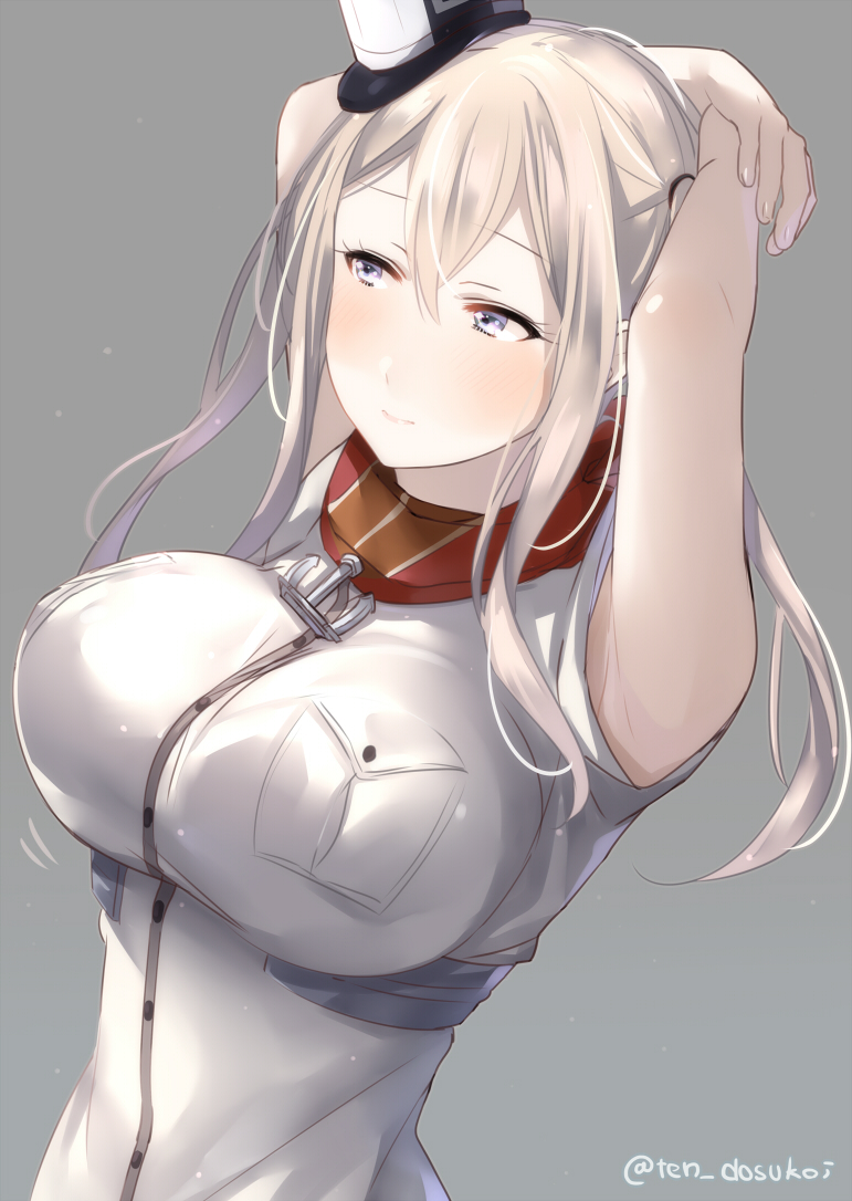 1girl 3: armpits arms_behind_head arms_up bangs bare_arms blush body_blush breast_pocket breasts character_request closed_mouth commentary_request graf_zeppelin_(kantai_collection) grey_background hair_between_eyes juurouta kantai_collection large_breasts long_hair parted_bangs pocket red_neckwear saratoga_(kantai_collection) simple_background sketch_eyebrows solo twitter_username upper_body