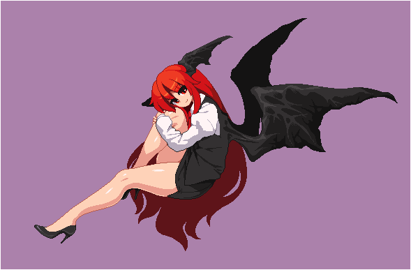 1girl bangs bare_legs black_footwear black_skirt black_vest black_wings demon_wings full_body head_wings high_heels juliet_sleeves knee_up koakuma leg_hug legs long_hair long_sleeves looking_at_viewer miniskirt pencil_skirt pixel_art puffy_sleeves purple_background red_eyes redhead shirt shoes simple_background skirt skirt_set smile solo takorin touhou very_long_hair vest white_shirt wings