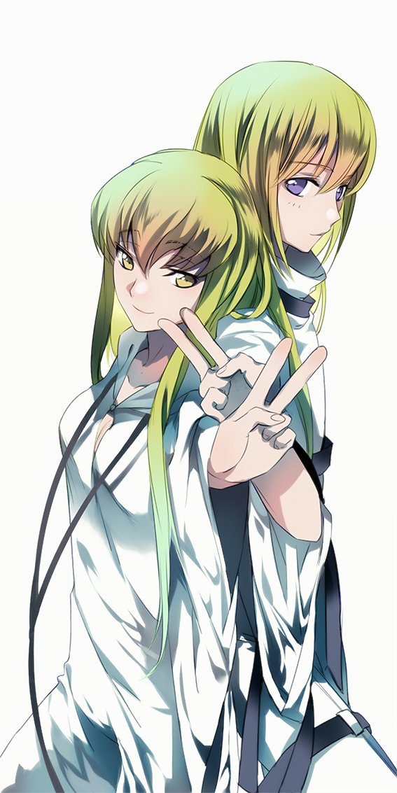 1boy 1girl androgynous back-to-back blue_eyes breasts c.c. character_request cleavage code_geass dress green_hair long_hair looking_at_viewer medium_breasts meimi_k pants simple_background smile standing v very_long_hair violet_eyes white_background white_dress white_pants yellow_eyes