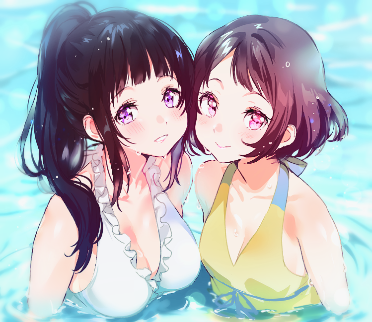 2girls bangs bare_shoulders black_hair blunt_bangs blush breasts brown_eyes chitanda_eru cleavage closed_mouth frilled_swimsuit frills halterneck hyouka ibara_mayaka lipstick long_hair looking_at_viewer makeup mery_(apfl0515) multiple_girls non-web_source parted_lips partially_submerged pink_eyes pink_lips ponytail short_hair sidelocks small_breasts smile swimming swimsuit upper_body very_long_hair water white_swimsuit yellow_swimsuit